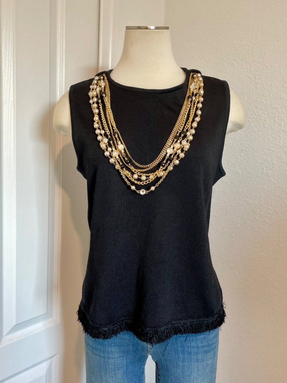 St. John Couture Fall 2007 Knit Top Multi-Strand Embellishment + Fringe Trim MED